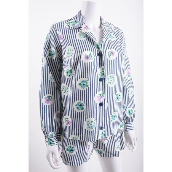Vintage Womens PJ Pajama Shirt & Shorts Set M Blue White Striped Floral - Picture 2 of 13